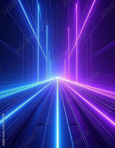 Digital tunnel of light beams with vibrant blue and purple colors
