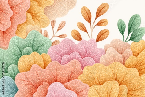 Pastel Textured Floral Pattern With Soft Flowers And Leaves In A Decorative Botanical Illustration