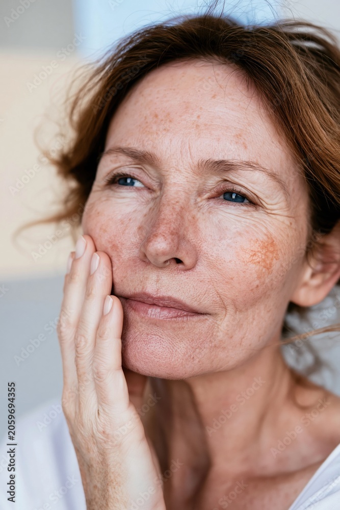 Fototapeta premium Portrait of a middle-aged woman with natural freckles and textured skin, touching her cheek for beauty and skincare lifestyle content