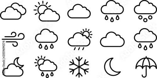 Black weather icons showing clouds, sun, rain, snow, wind, moon, and umbrella on white background, symbolizing forecast, climate, and meteorological conditions