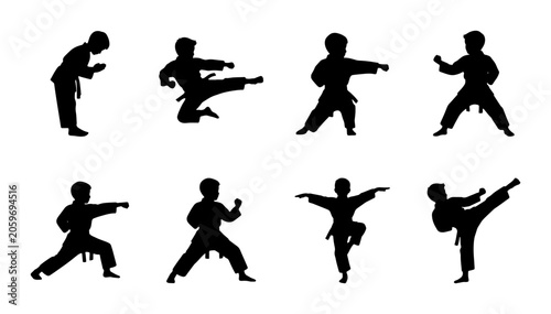 Tableau sur toile Martial Arts Silhouettes: Karate Kids Action Poses, Dynamic Combat Moves, Black