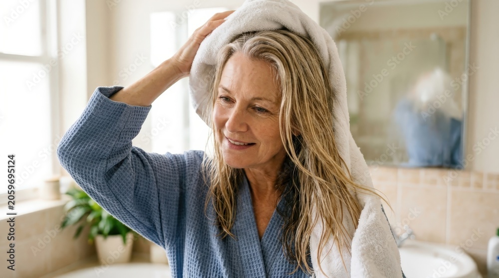 Fototapeta premium Happy senior woman drying her silver hair with a towel in the morning
