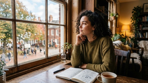 Thoughtful young curly haired woman looking out of a large window