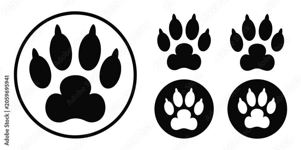 Fototapeta premium Paw print silhouette vector set. Dog, cat, bear, puppy silhouette. Collection of paw prints. Different animal paw