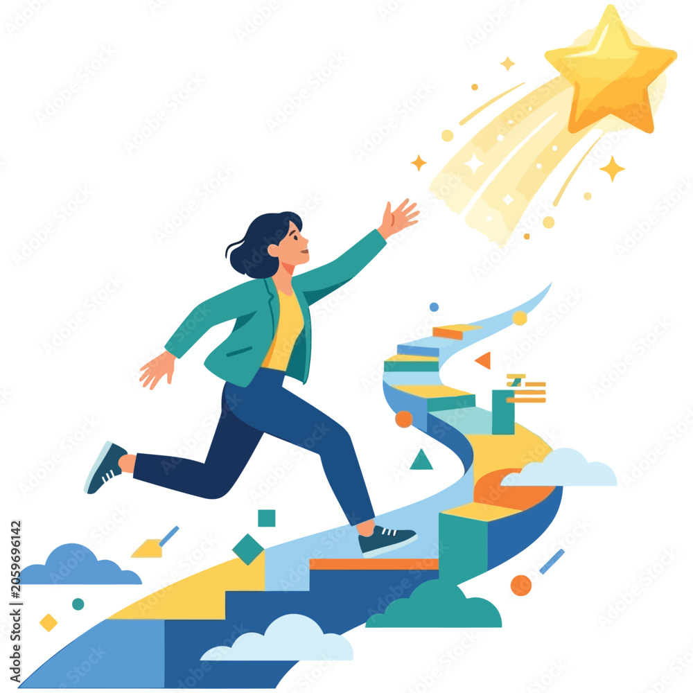 Fototapeta premium Woman climbing colorful stairs reaching for shining star with climbing, ambition