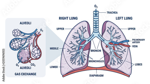 Fotografie Detailed human lung anatomy diagram.