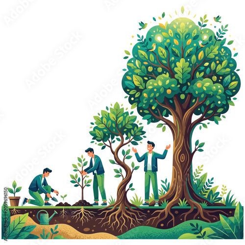 Slika na platnu Tree growth cycle and people planting trees for sustainable future development