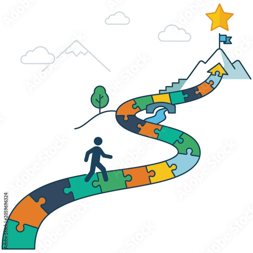 Person walking on a winding jigsaw puzzle road toward a mountaintop star goal