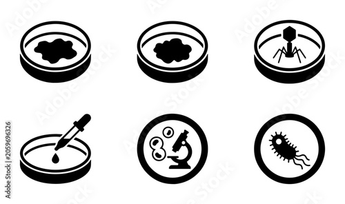 Bild auf Leinwand Microbiology Icons Set: Petri Dish, Bacteria, Virus, Microscope, Pipette, Lab Re