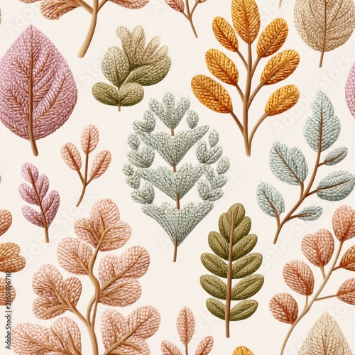Seamless Botanical Pattern With Embroidered Style Leaves In Earthy Tones On Off White Backdrop