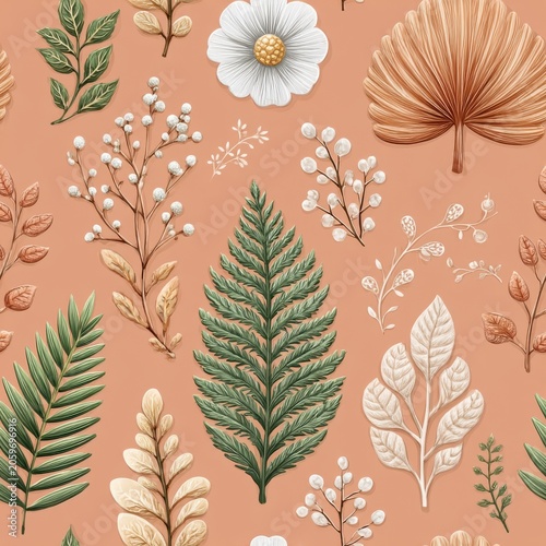 Seamless Botanical Pattern With Green Ferns Dried Leaves And White Flowers On A Warm Terracotta Background