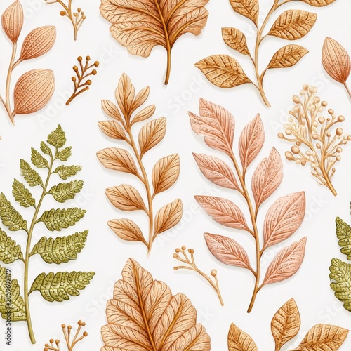 Seamless Botanical Pattern With Hand Drawn Golden And Green Leaves On A Soft White Background