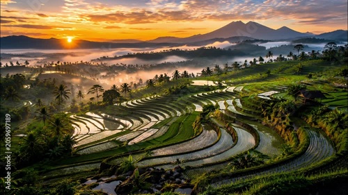 Terraced Green Fields Beneath Soft Mountain Haze