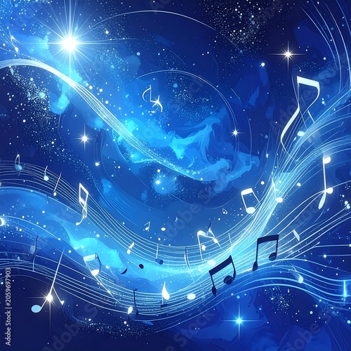 Illustration of musical notes dancing across a starry, blue cosmos