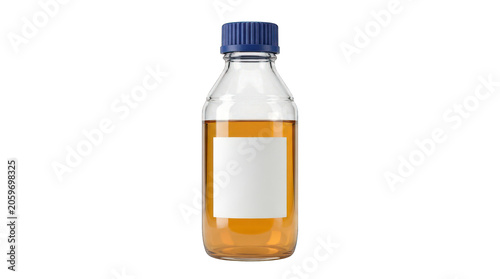 Amber glass reagent bottle with blank white label transparent background