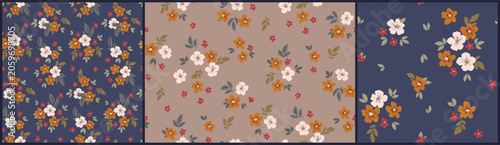 Seamless floral pattern, Liberty ditsy print in fall motif. Сute set of botanical designs in warm colors. Small hand drawn flowers, tiny leaves, simple mini bouquets abstract. Vector illustration.