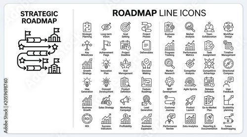 Strategic roadmap line icons set for business planning, project management, and growth strategy