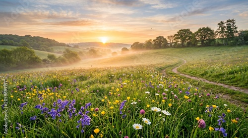 Sunrise Over Spring Meadow with Wildflowers and Mist – Scenic Countryside Landscape Background
