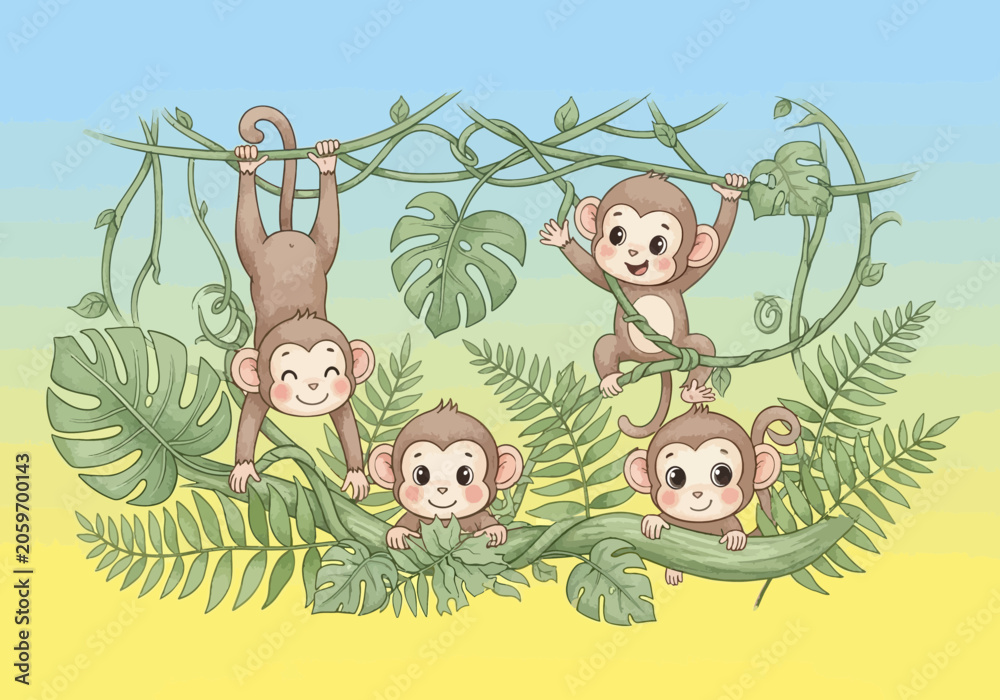Naklejka premium Four Cute Cartoon Monkeys Swinging Playfully on Jungle Vines