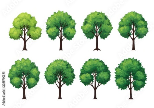 Set of colorful green trees in a row illustration