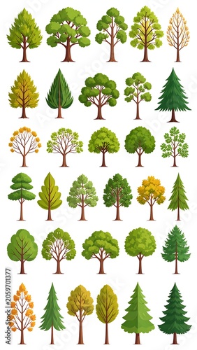 Illustration of various tree types in a colorful and stylized arrangement