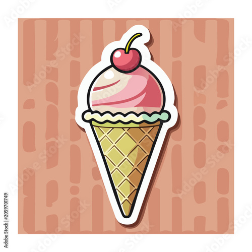 Pink and white soft serve ice cream in waffle cone with cherry