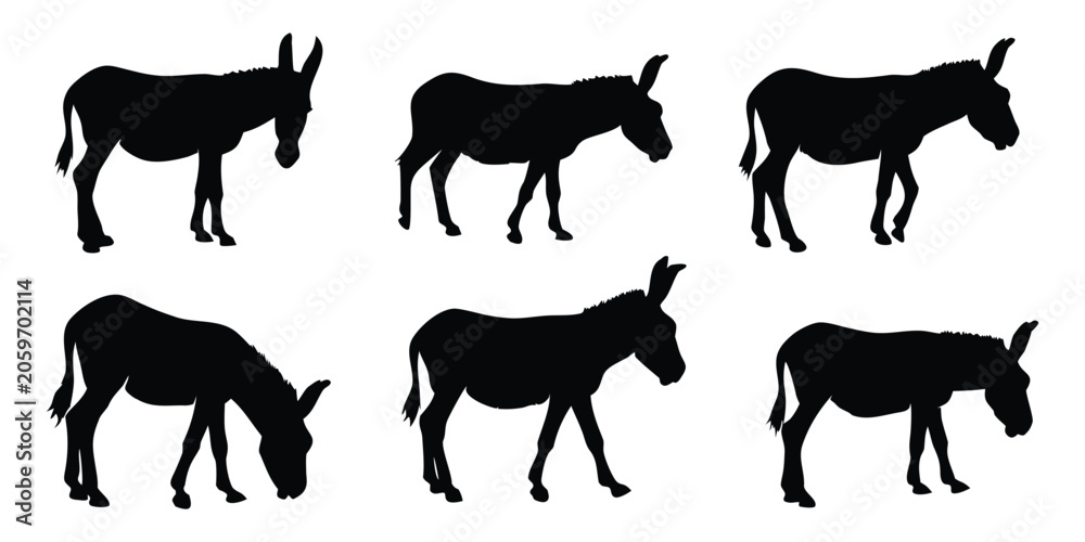 Fototapeta premium Donkey silhouette vector set, Domestic donkey farm livestock black silhouette bundle