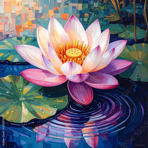 Digitally painted, close-up, water lily floating on rippled water surface