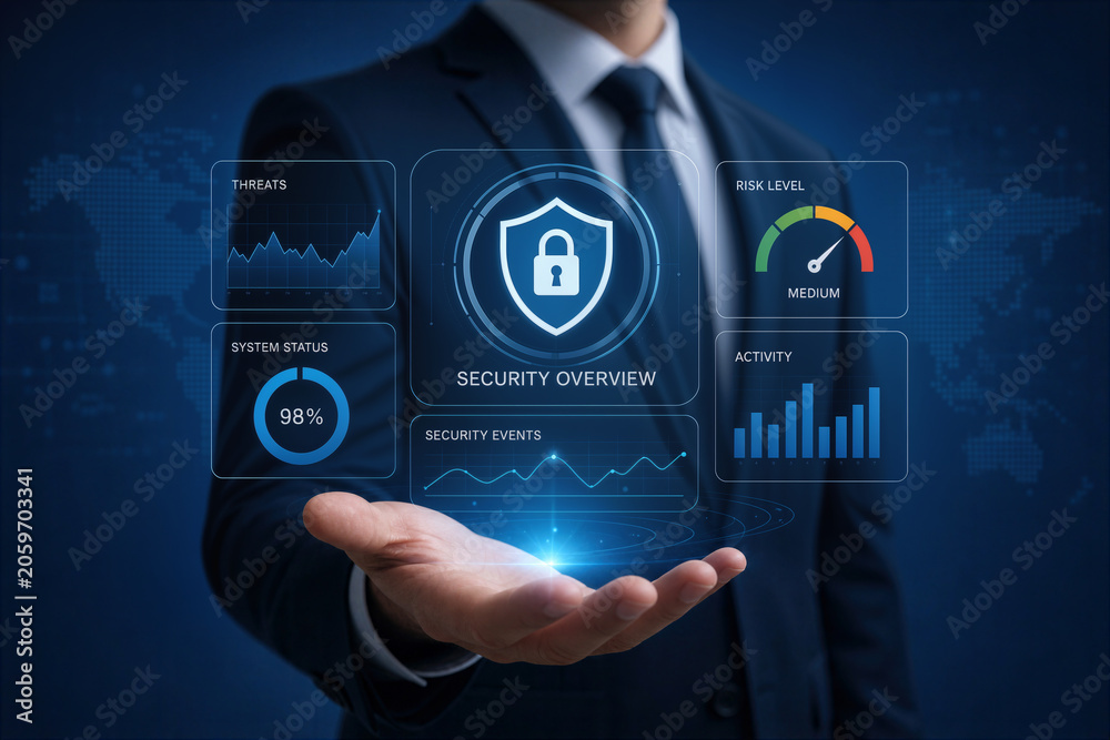 Obraz premium Businessman holding security overview interface with charts graphs cyber security dashboard risk level system status security events data visualization for enterprise IT protection and compliance