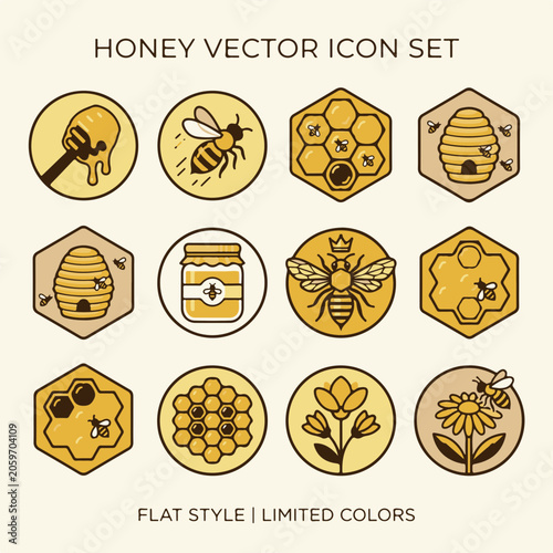 Foto Honey Vector Icon Set with Bees and Honeycomb in Flat Style