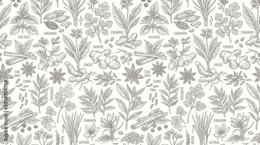 Fototapeta premium Gray botanical pattern with various plants.
