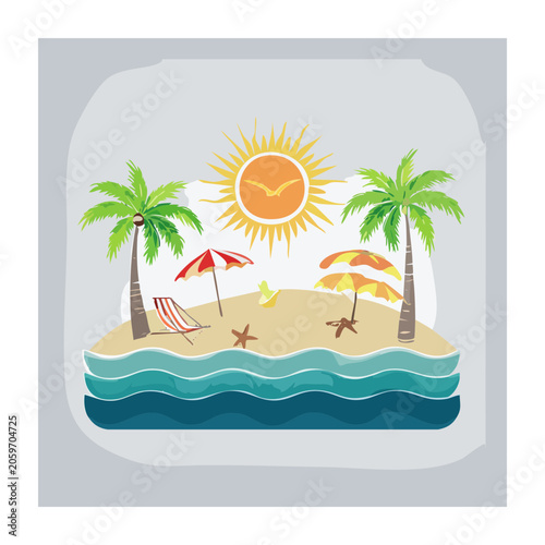 Tropical island illustration with palm trees and beach