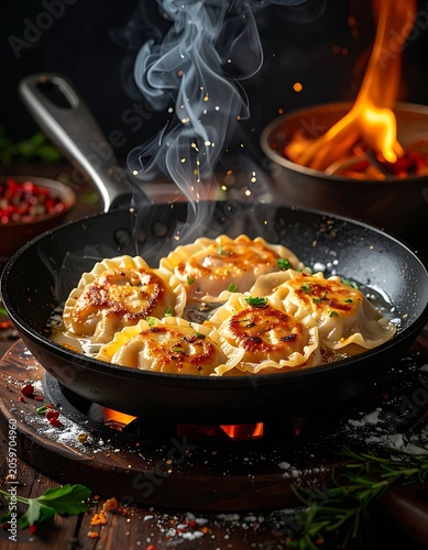Sizzling dumplings in a hot skillet with rising steam
