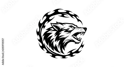 Snarling wolf head inside tribal circle frame design.