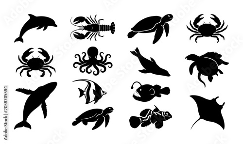 Photography Oceanic Wildlife Silhouettes: Dolphin, Crab, Lobster, Octopus, Seal, Fish, Sea T
