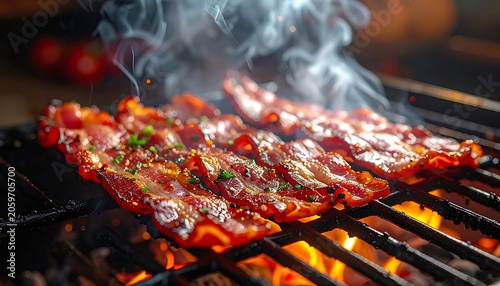 Sizzling meat on a grill with smoke rising