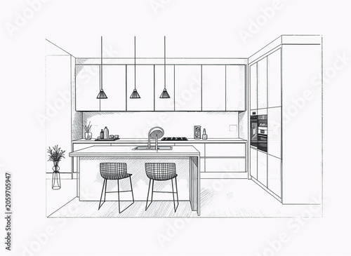 Modern Minimalist Kitchen Interior Line Art Illustration