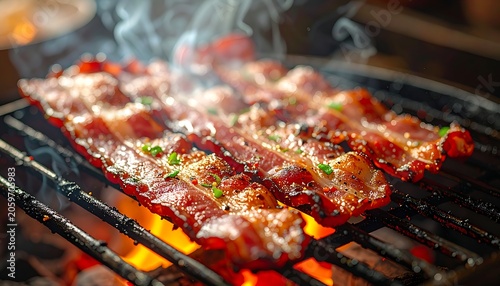 Sizzling ribs on a grill with smoke