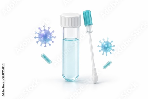 Minimal 3D sample tube, capped swab, virus particles and bacteria on white background. Pathogen testing and medical diagnostics concept.