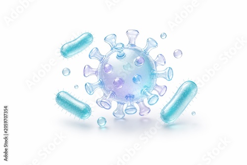 Minimal 3D generic virus with rod-shaped bacteria and glass spheres on a white background. Microbiology, pathogen and healthcare science concept.