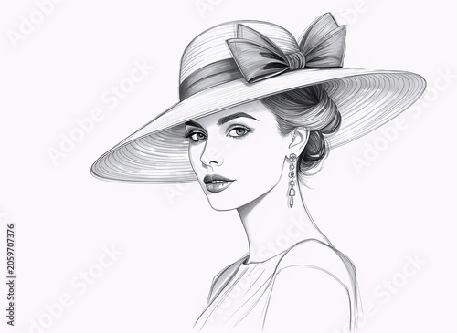 Elegant Woman Wearing Wide Brim Hat Pencil Portrait Illustration