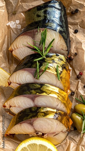 Sliced fish with herbs and lemon on brown paper