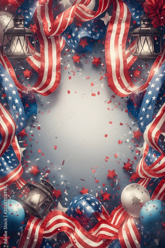 Fototapeta premium Elegant Independence Day Background with Fireworks Patriotic Balloons and Ribbon Border
