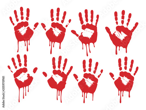 Obraz na płótnie Bloody hand print vector set showcasing horror handprints and fingerprint stains    for crime scene concepts, Halloween events, and dramatic visual designs