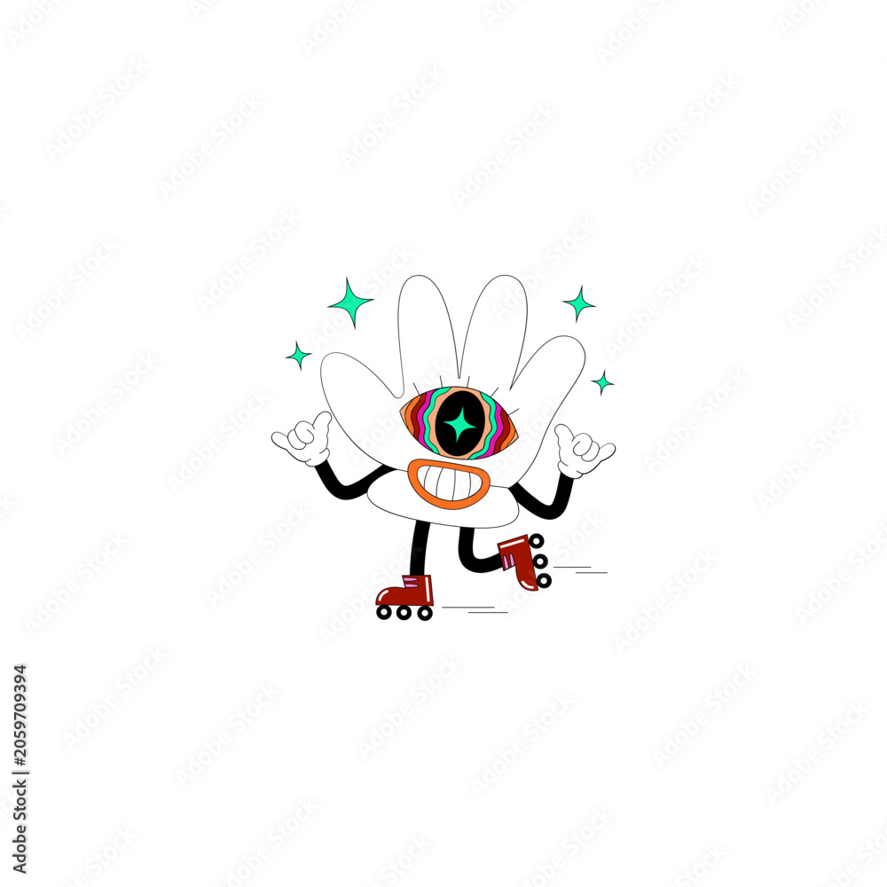 Fototapeta premium Psychedelic one eyed hand character on roller skates, shaka gesture, retro cartoon style, vibrant colors, 70s aesthetic, fun illustration, abstract elements, motion, celebration