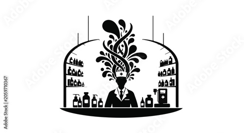 Black and white illustration of a man with a plant growing out of his head behind a counter