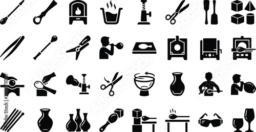 Fotografie Glassblowing tools and artisan glassmaker equipment icon set