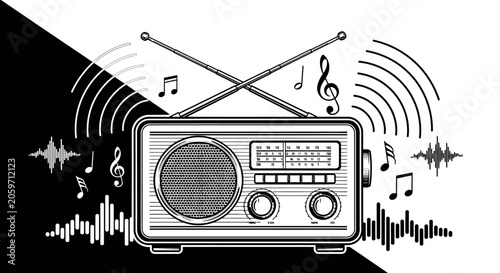 Vintage radio with musical notes and sound waves.