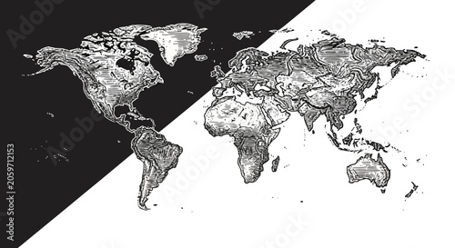 Black and white world map illustration.