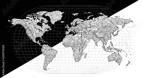 Black and white world map illustration.
